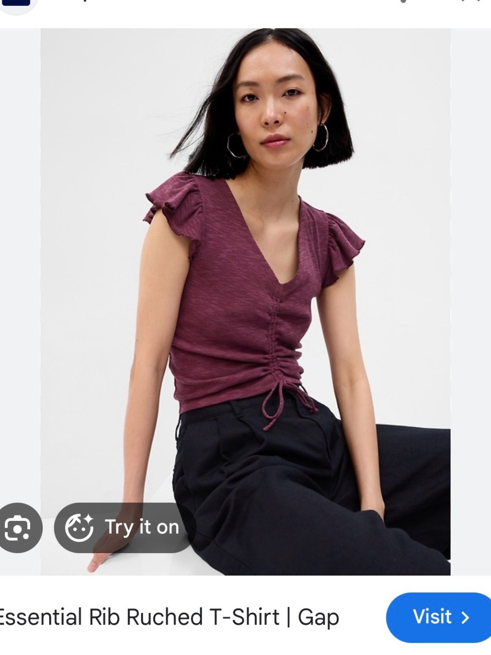 GAP Women's essential ribbed Ruched V-Neck Tee in Plum